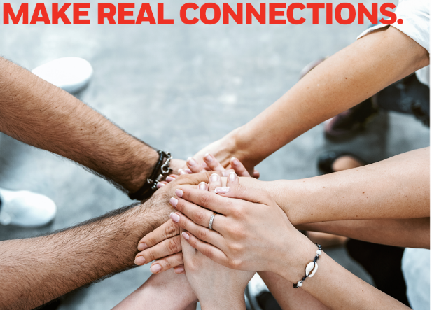 Make Real Connections graphic, people putting their hands together for a team huddle